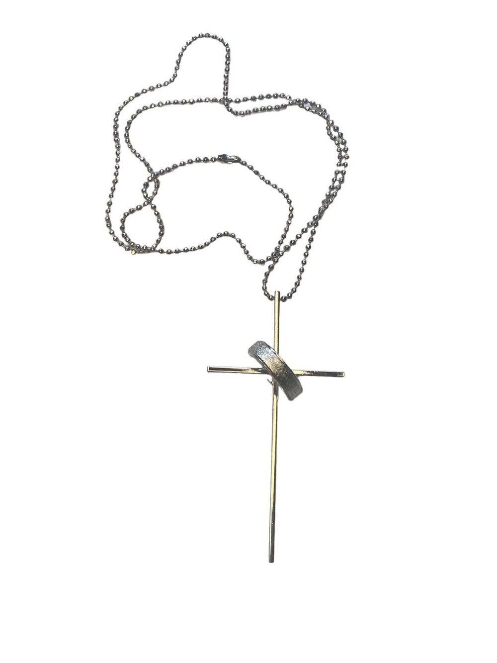 Large cross necklace with ring religious Christianity boho chic silvertone